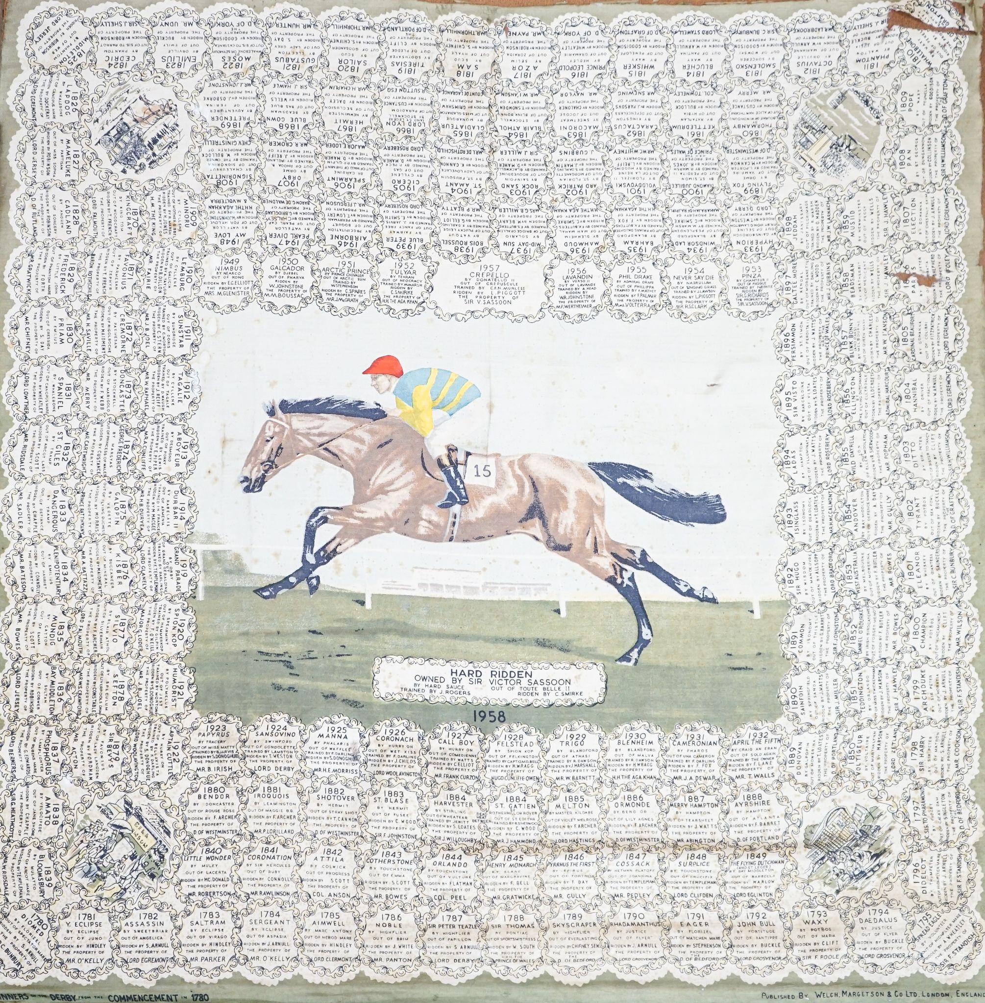 A winners of the Derby silk scarf 1958 85cm square